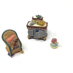 Avon Victorian Memories Dollhouse Stove, Wicker Rocking Chair, Flower Pot